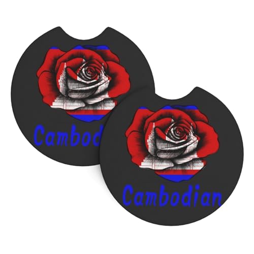 Lot De 2 sous-Verres pour Voiture Drapeaux Et Fleurs du Cambodge Lot De 2 Tapis De Porte-Gobelet Isole Antidérapants Café De Verre, pour Tasses À Café, Camion, SUV, 6.9cm