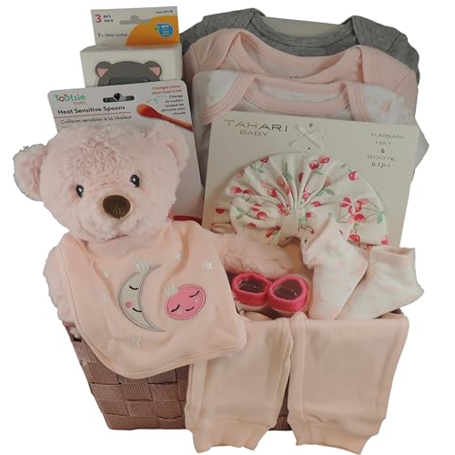 Baby Girl Gift Basket: 3 Onesies, 1 Pair of Matching Pants, 2 Piece Tahari Set, Socks and More