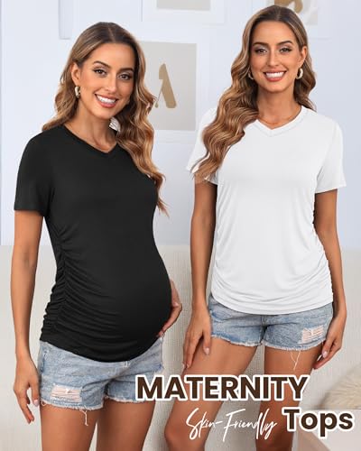 Huukeay 4 Pack Women's Maternity Shirts, V Neck Maternity Top Short Sleeve Casual Cotton Tee Side Ruched Pregnancy Clothes4
