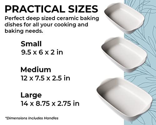 Saffron & Sage Casserole Dish Set Of 3 - Baking Dishes For Oven, Contemporary White Ceramic Baking Dish Set, Heavy Duty Bakeware, Up To 500° High Heat Resistant, Dishwasher, Freezer And Food Safe #TOP5