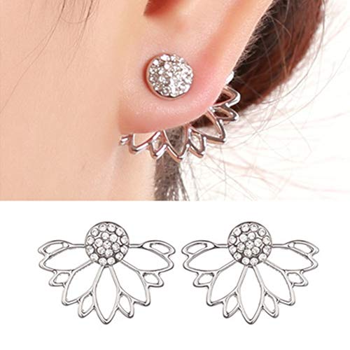 jiusheng Vintage Hollow Lotus Flower Stud Earrings Jewelry for Women Girls (Silver)