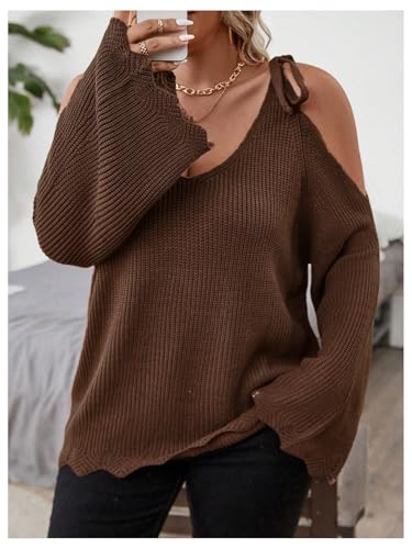 SOLY HUX Women's Plus Size Sweaters Tie Cold Shoulder V Neck Long Sleeve Scallop Trim Knit Pullover Tops4