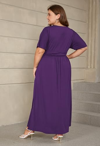 Image of Keluummi Plus Size Maxi Dress for Women Floral Empire Waist V-Neck 3 /4 Sleeve with Pockets