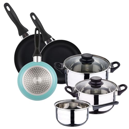 5pc Stainless Steel Cookware Set + Set 3 Frying Pans Ø16Ø20Ø24 Aluminium Pressed Sky Blue