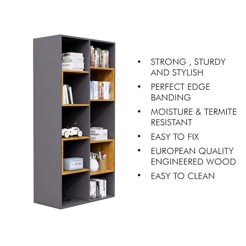 Image of Bniture 10 Tier Engineered Wood Open Book Shelf Wooden Bookshelf for Home, Kids Room & Study Room | Multipurpose Free Stand Corner Book Organizer for Library Room, Office | Slate Grey & Giant Wood