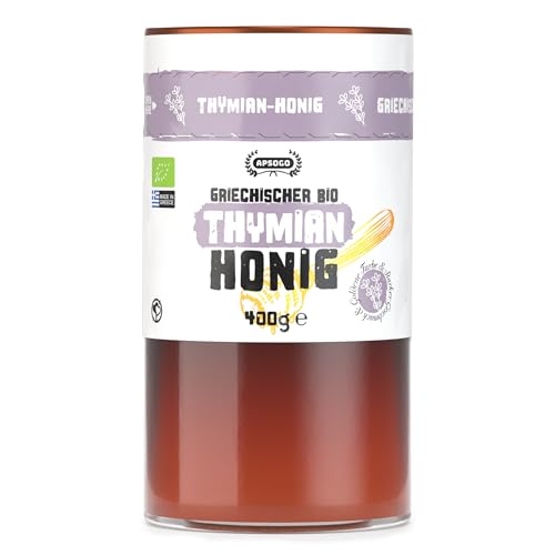 APSOGO Bio Thymianhonig - Reiner Honig aus Kreta in Griechenland - Reicher Geschmack & goldene Farbe - roh, naturbelassen und ungefiltert (400g)