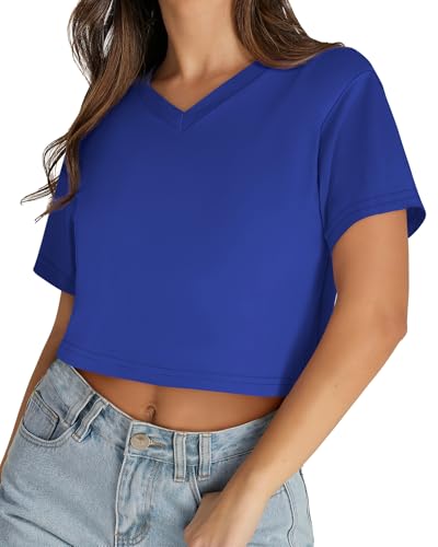 Image of Womens Crop Tops Short Sleeve V Neck Summer Cropped T Shirts Baisc Tees