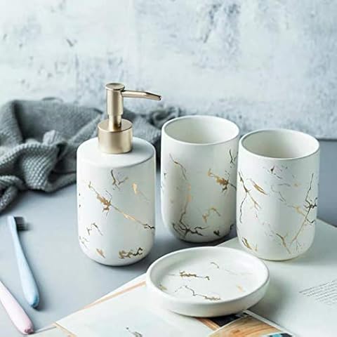 Bathroom Accessory Sets 4 Pcs/Set White Black Ceramic Bathroom Set Luxury Marble Bath Accessories Set Toothbrush Holder, Lotion Dispenser, Tumbler, Soap Dish (White) Cover