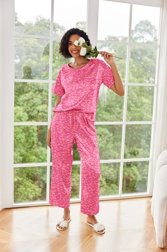 Image of Ekouaer Womens Satin Silky Pajama Set Short Sleeve Shirt with Long Pajama Pant Set Soft PJ Loungewear
