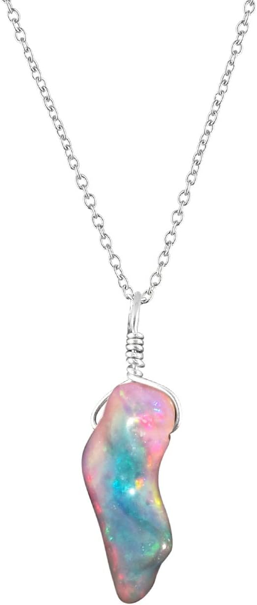 Pendant Necklace for Women Raw Oragnic Black Ethiopian Opal Gemstone, Handmade Jewelry, Healing Chakra Energy Crystals, October Birthstone, Silver Plated Chain 18 inch Birthday Gift