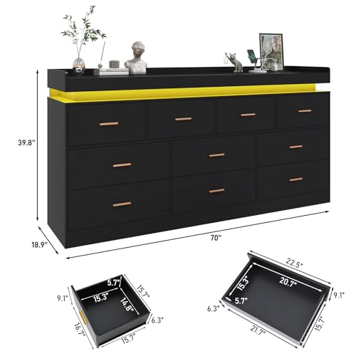 Image of jiteentarou 10 Drawer Dresser with Charging Station and LED Lights, Modern Chest of Drawers with Power Outlet, Organizer Cabinet for, Living Room, Entryway, Black
