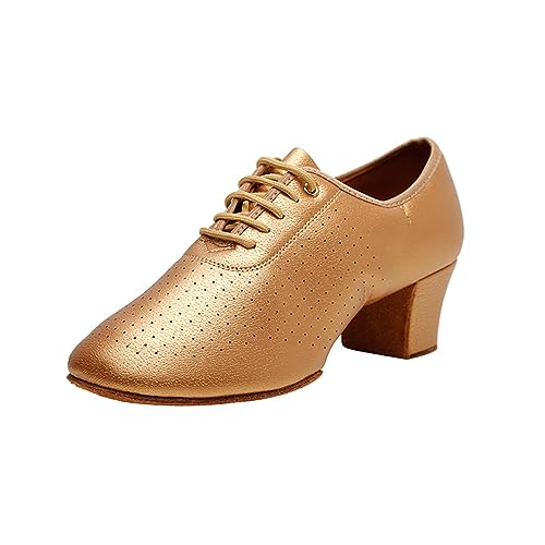 Women Latin Dance Shoes Closed Toe Rubber Sole Non-Slip Fashion Lace-up Outdoor Dance Shoes Tango Waltz Salsa Modern Dance Professional Performance Dance Shoes (Color : Brass, Size : 9.5)