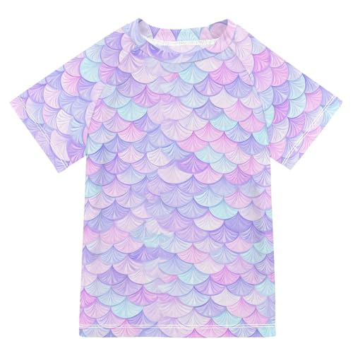 ALAZA Kids Rash Guard Girls Toddler Swim Shirts Short Sleeve Scale Rainbow Mermaid UPF 50+ 3T