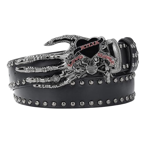 MILAKOO Punk Skeleton Hand Studded Leather Belt for Women Y2k Goth Belt for Jeans Biker Outfits