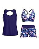 Yonique Traje de baño Tankini de 3 Piezas para Mujer, Camiseta sin Mangas, con Pantalones Cortos y Brasier, Traje de baño atlético, Flamenco, Large
