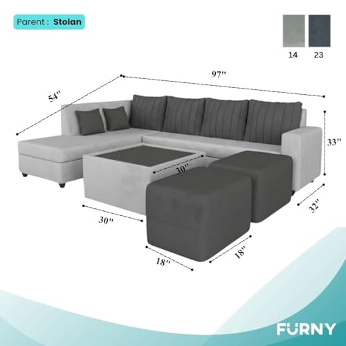 Image of CASASTYLE Stylano 8 Seater Fabric LHS L Shape Sofa Set with 1 Centre Table & 2 Ottoman (Dark Grey-Light Grey) 8-Person Seating with Premium Velvet Finish