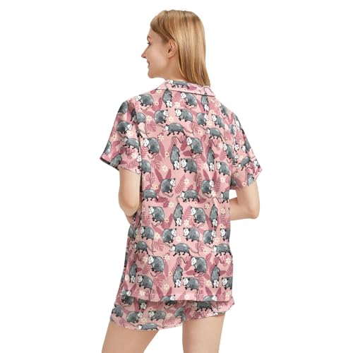 Image of Funny Satin Pajamas Set for Women Button Down Sleepwear Print Pjs Set 2 Piece Short Sleeve Loungewear Gift for Women
