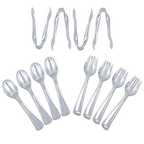 Disposable Plastic Silver Serving Silverware Utensils - Set of 12 - Four 10