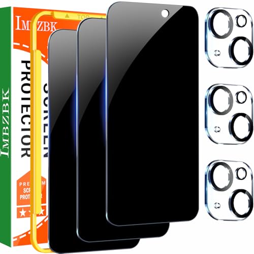 IMBZBK 3 Pack Privacy Screen Protector for iPhone 15 Tempered Glass with 3 Camera Lens Protector Accessories 9H Anti Spy 2.5D Curved Case Friendly Transparent