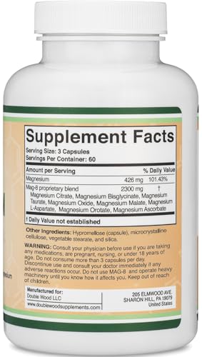 Magnesium Complex Supplement 180 Capsules (426mg Elemental Magnesium Provided by 2,300mg of Eight Different Forms of Magnesium) MAG-8 Provides 100% Daily Recommended Value of Magnesium by Double Wood