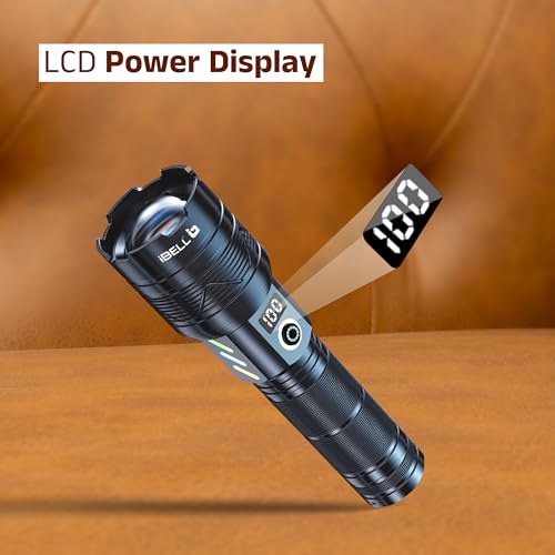 Image of IBELL FL8498S Torch, High Power Rechargeable LED Torch Light, Long Range Flashlight with LCD Power Display & Zoom Focus, Heavy-Duty Build for Outdoor & Emergency Use (Black)