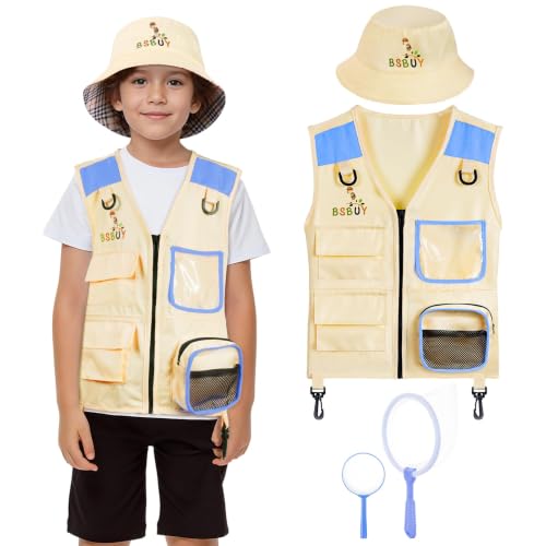 BSBUY Kid Explorer Kit Outdoor Adventure Set 4PCS Kid Explorer Costume Kit Bug Hunting Costume Hat Vest Outdoor Educational Kit Camping Adventure Dress Outfits for Dress up and Role Play(Blue)