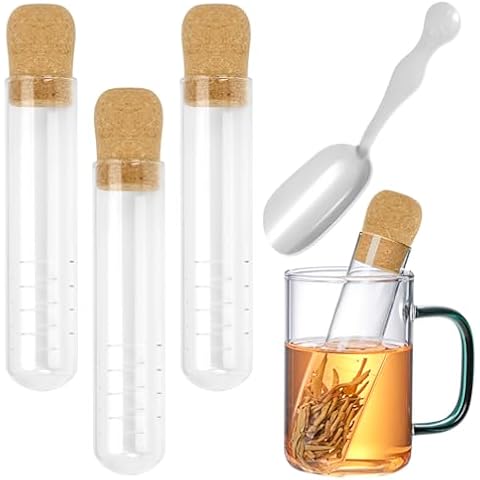 4 PCS Glass Tea Infusers for Loose Tea & Tea Flower Glass Strainer and Teaspoon Set Reusable Clear Diffuser with Cork Glass Tube Tea Steeper Cover