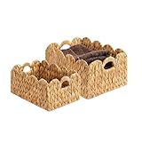 LUSYDECO Set of 2 Scalloped Edge Wicker Storage Basket with Built-in Handles, Rectangle Water Hyacinth Basket for Organizing, Decorative Woven Rattan Basket for Shelf, Nursery Room