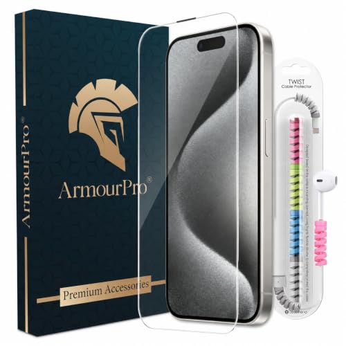 Image of ArmourPro Premium Borderless Tempered Glass for iPhone 15 Pro, HD Clear Screen Protector, Anti-Dust Speaker Mesh, 9H Hardness, Edge-to-Edge Fit, Case Friendly, Cable Protector