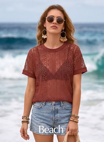 EVALESS Womens Spring Summer Tops 2026 Casual Lace Tops Crewneck Short Sleeve Shirts Sexy Patchwork Cut Out T Shirts Sheer Crochet Knit Beach Cover Up Women's Clothing Red Dahlia X-Large — view 6
