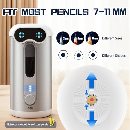 deli Electric Pencil Sharpener, Fully Automatic Pencil Sharpener for 7-11mm Colored/Jumbo Pencils, Auto in & Out, Rechargeable Hands-Free Pencil Sharpener for Classroom Home Office, Low Noise, Silver