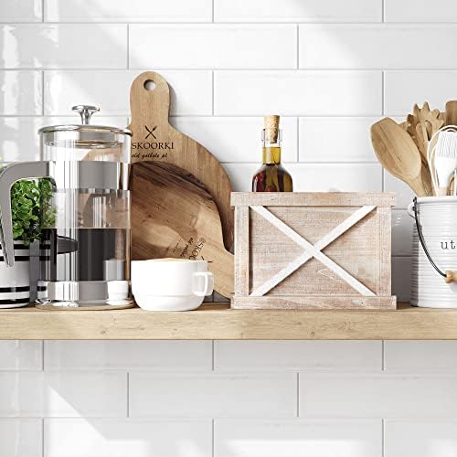 Barnyard Designs Rustic Wood Utensil Holder Caddy - Wooden Utensil Crock Storage Organizer Primitive Country Farmhouse Kitchen Decor, 24 x 17cm (White/Brown)