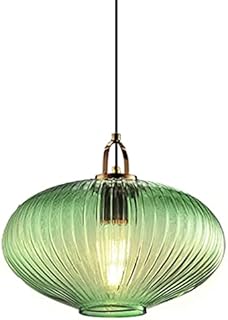 HJXDtech Modern Lovely Green Striped Glass Lampshade Pendant Light Brass Finish Ceiling Drop Light Premium Retro E27 Loft Bar Hanging Lamp (L)