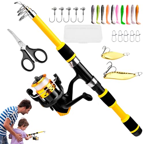 Caña de pescar infantil – Combo de caña telescópica con carrete, para acampar, mar y agua dulce, , kayak, lago, playa, estanque, río, surfcasting, tren