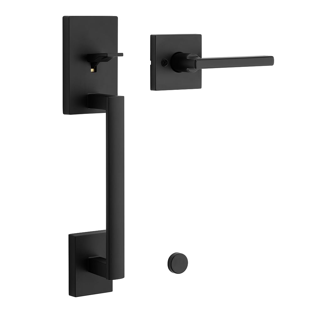 kwikset san clemente front door handle no lock, entry handleset exterior with interior reversible handed lever, non-locking, matte black, deadbolt not included, with microban protection