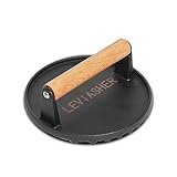 LEVIASHER 2.2lbs Heavy-Duty Griddle Press for Bacon Burger Steak Meat Paninis Burger Bacon Vegetables, Cast Iron BBQ Grill Press for Weber Blackstone Camp, Food Press for Cooking Round Wood Handle