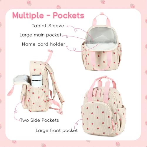 Image of Bluboon Toddler Backpack for Girls Boys 2-4 Cute 12 inch Preschool Kindergarten Backpacks Kids Daycare Bags School Travel (Strawberry-Beige, Age 2-4 (12 inch H not Fit A4 Folder))