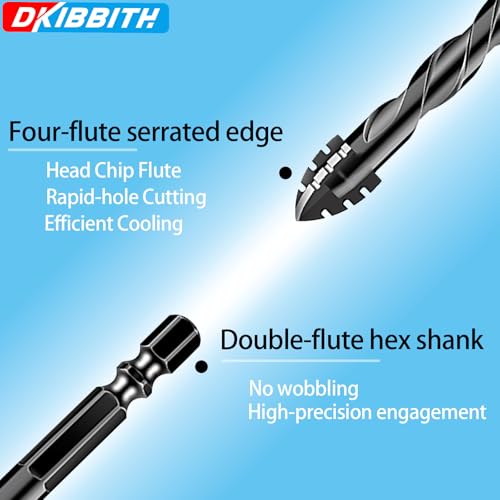 DKIBBITH 4-Flute Serrated Masonry Drill Bit Set (10-Piece, Black) - 3/16" to 1/2" for Concrete, Tile, Brick, Glass, Ceramic