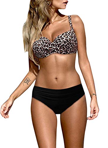 Aleumdr Woman Fashion Underwire 2 Piece Bikini Sets Bandeau Push Up Padded Swimsuit Swimwear Leopard X-Large 16 18