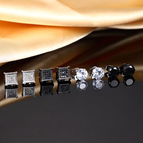 JOERICA 4 Pairs Stainless Steel Stud Earrings for Men Women Silver Black Square Earrings Set Mens Earrings Inlaid Cubic Zirconia 6-10MM4