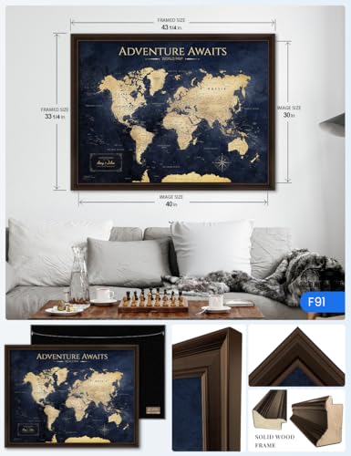 Image of IPIC - Personalized Framed World Map for Wall Art, Push Pin Travel Map Decor to Track Travels, Custom Artwork with Names, Pinnable Wall Decor for Home, Office, Study or RV, Ready to Hang