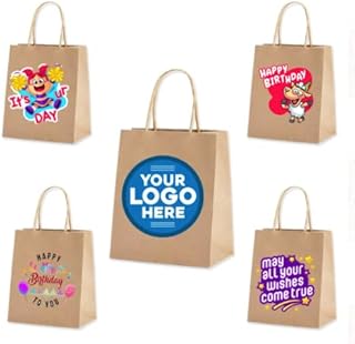 10 Pcs Brown Paper Bags with Logo - Personalised Paper Bags with Logo, Personalised Gift Bags, Thank You Gift Bags, Party Bags for Kids Party, 90GSM (Logo 5"x5" Bag Size 12.5Wx13.5Hx5D)