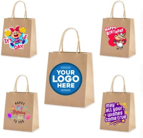 10 Pcs Brown Paper Bags with Logo - Personalised Paper Bags with Logo, Personalised Gift Bags, Thank You Gift Bags, Party Bags for Kids Party, 90GSM (Logo 5"x5" Bag Size 12.5Wx13.5Hx5D)