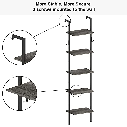 Tohomeor Retro Bookshelf Wall Mounted 5-Tiers Ladder Shelf Dark Grey Narrow Thin Bookshelf Farm House Open Display Storage Rack For Living Room Bedroom Home Office #TOP3