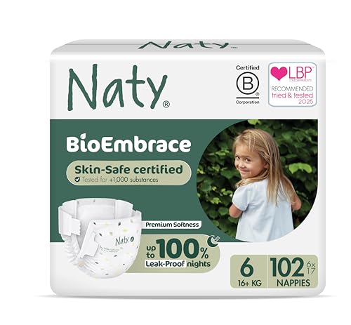 Image of Naty BioEmbrace Baby Nappies | Sensitive Skin Safe Certified | Leak Protection up to 100% | Plant-Based Softness, Premium Comfort | Chlorine-Free |Size 6 (16kg+), 102 Count
