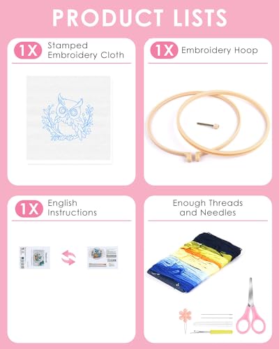 Image of TINDTOP Embroidery Kit for Beginners Adult, Owl Embroidery Kit | Include Embroidery Cloth Hoops Threads for Craft Lover Hand Stitch with Embroidery Skill Techniques
