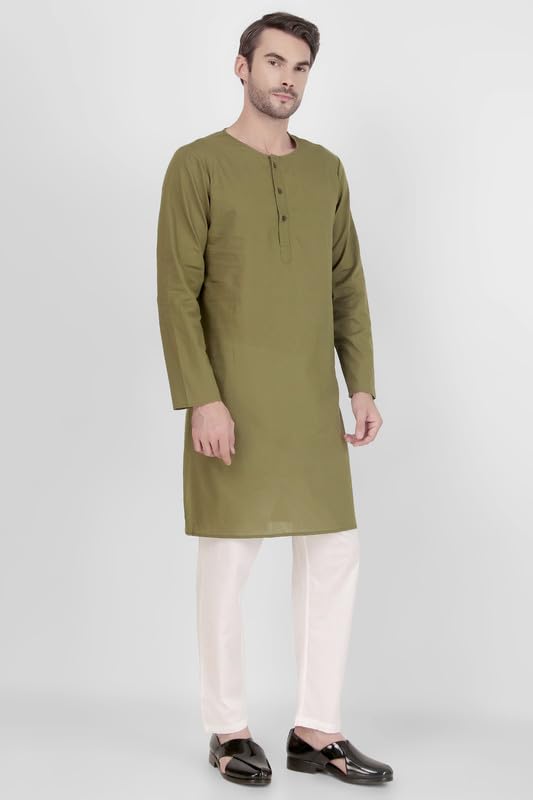Mens Indian Casual Cotton Kurta Pajama Set - Olive - Crew Neck2