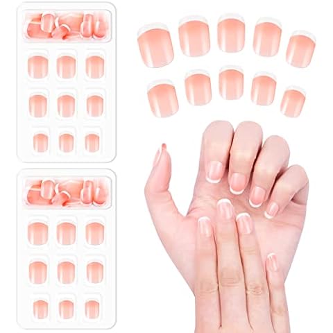 Kiiwah 48pcs French False Nails with Glue, Short Gradient Pink Artificial Acrylic Full Cover Nail Tips in 10 Different Sizes with Nail Files for Women Girls DIY Nail Art Cover