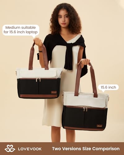 LOVEVOOK Laptop Bag for Women 15.6 Inch Canvas Laptop Large Capacity Work Bags Mutiple Pockets Teacher Bag Water Resistant Computer Bags for Business Travel Nurse, Black Brown2