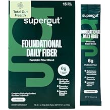 Supergut Foundational Daily Fiber, Vegan & Sugar Free Prebiotic Powder Blend for Gut Health & Digestive Support, Plant Based Supplement for Men & Women with 6g of Fiber, Unflavored, 15 Stick Packs